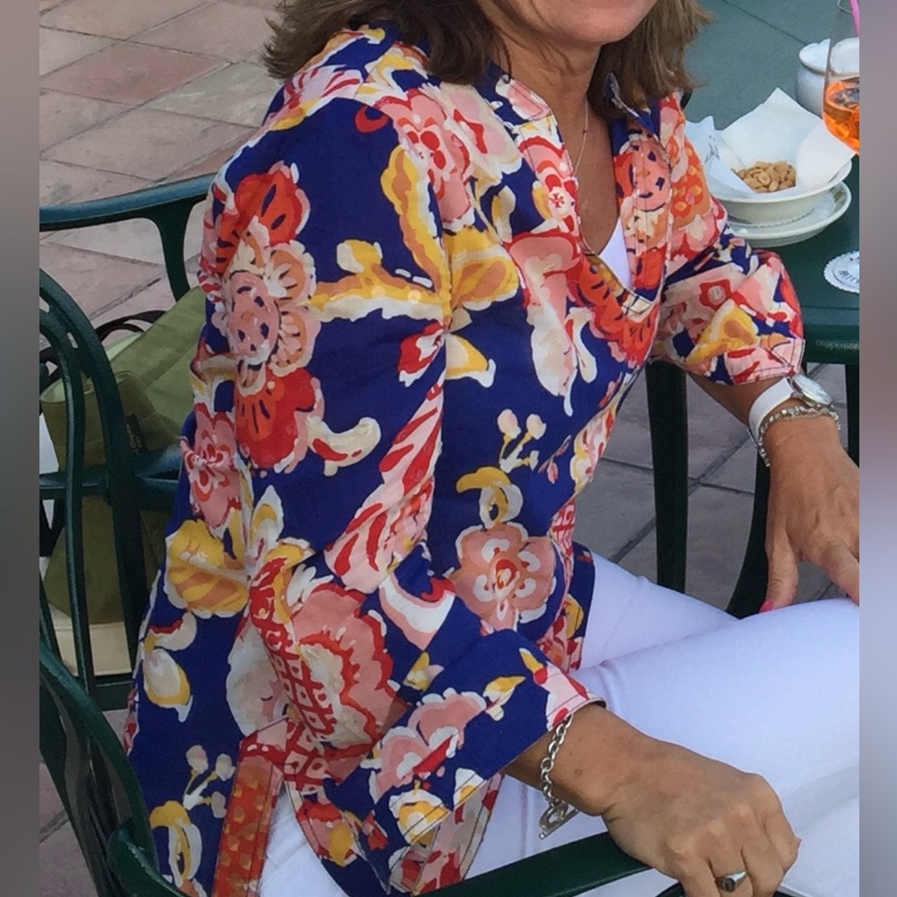 Tory Burch Navy Floral Print Top with Clear sequin accents.